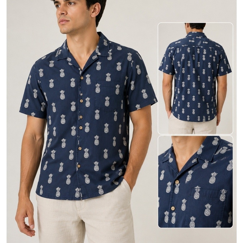 Rue Saint-Patrick Mens M Navy Blue Pineapple Print Short Sleeve Button Down